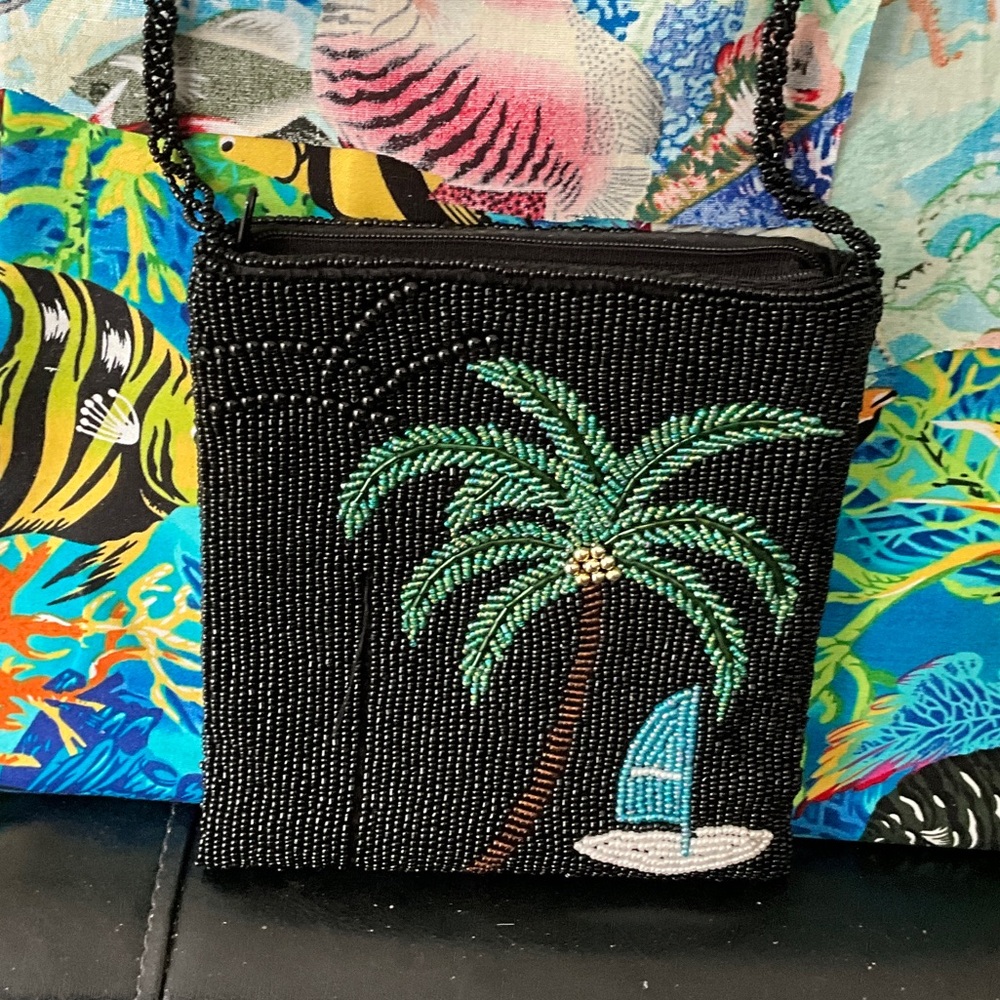 Beaded Black Palm Tree Crossbody Bag